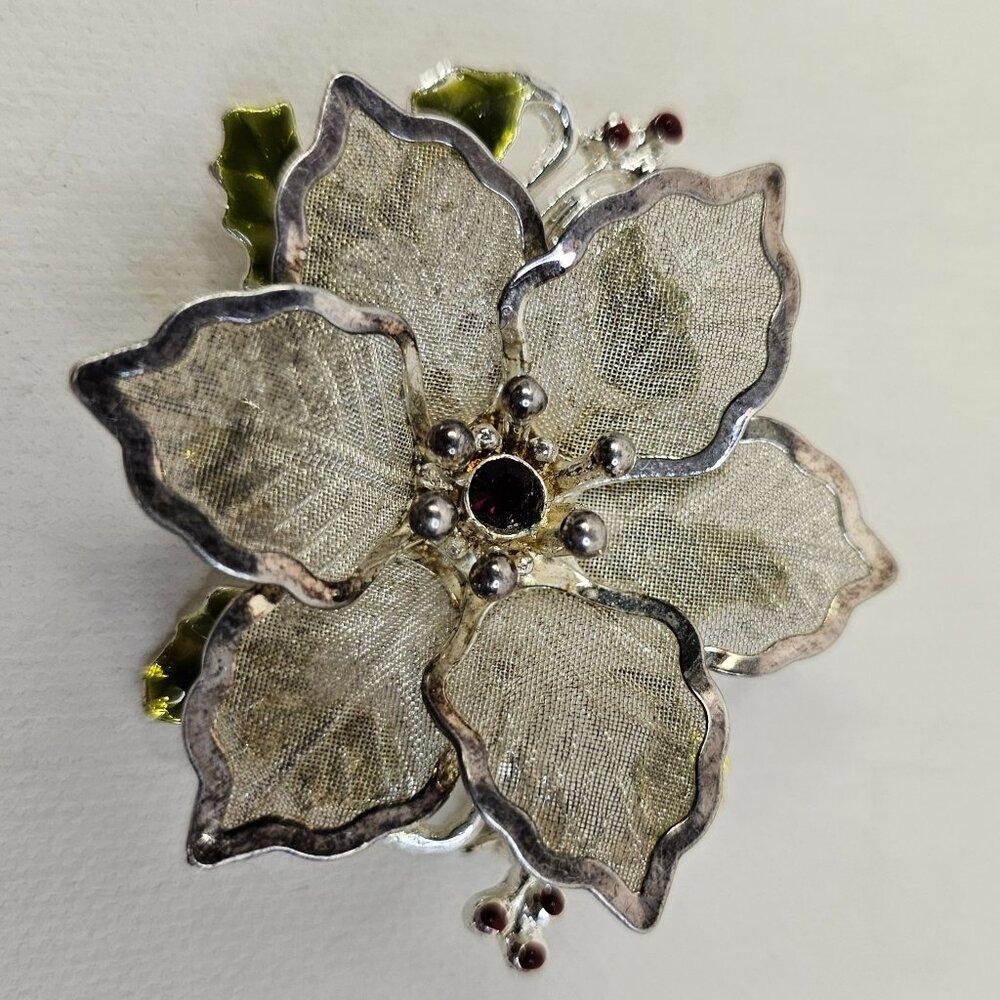KC Kenneth Cole Silver Tone Flower Holiday Brooch Christmas Poinsettia Pin